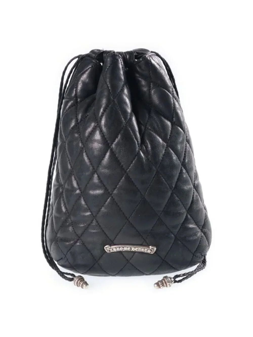 Chrome Hearts Drw Strng Quilted Drawstring Leather Bag Black